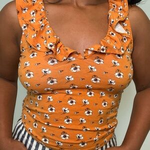 Floral Ruffle Neck Orange Top